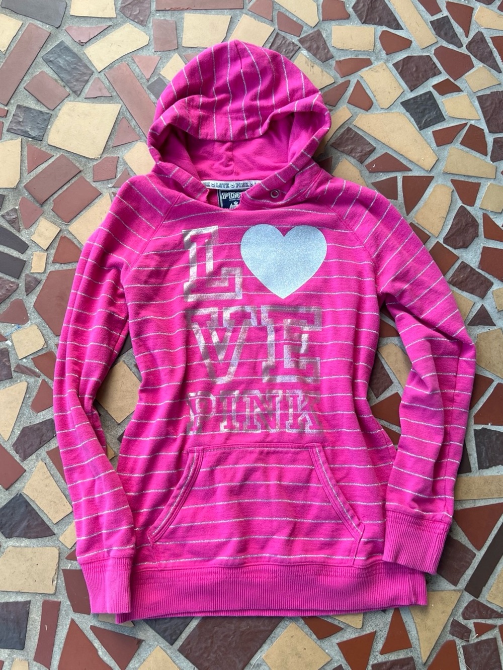 PINK Victoria's Secret Hot Pink Striped Hoodie with Silver Heart